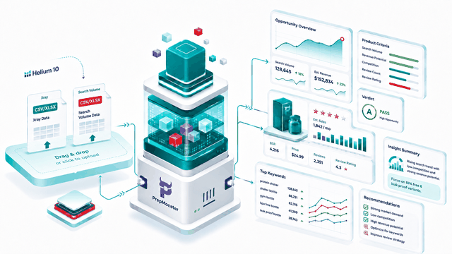 PrepMonster workflow from Helium 10 data upload to opportunity insights and product criteria verdict.